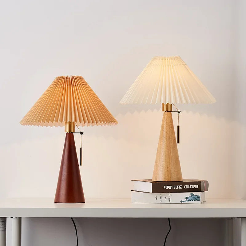 Afralia™ Nordic Retro Pleated Table Lamp - Solid Wood Desk Light for Bedroom and Living Room