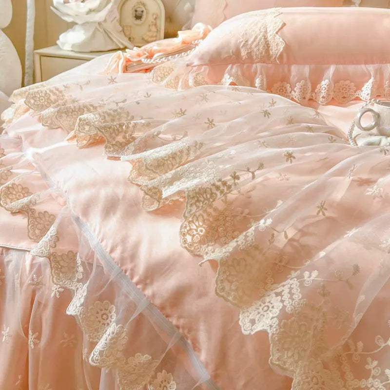 Afralia™ Pink Princess Style Bedding Set: Duvet, Bedskirt, Bedspread, Pillowcases