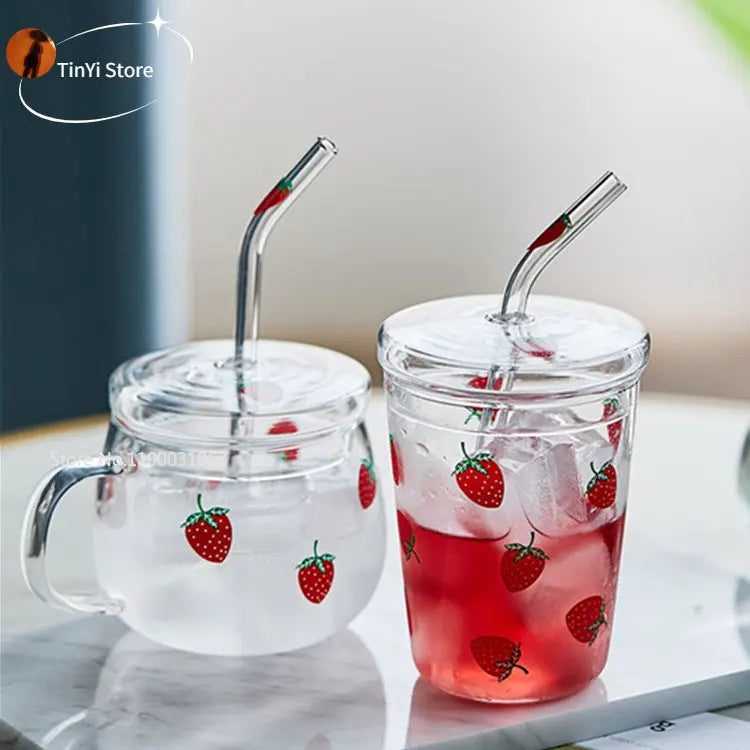 Afralia™ Strawberry Glass Cup 300/350ml Heat Resistant with Lip, Straw, Cute Design