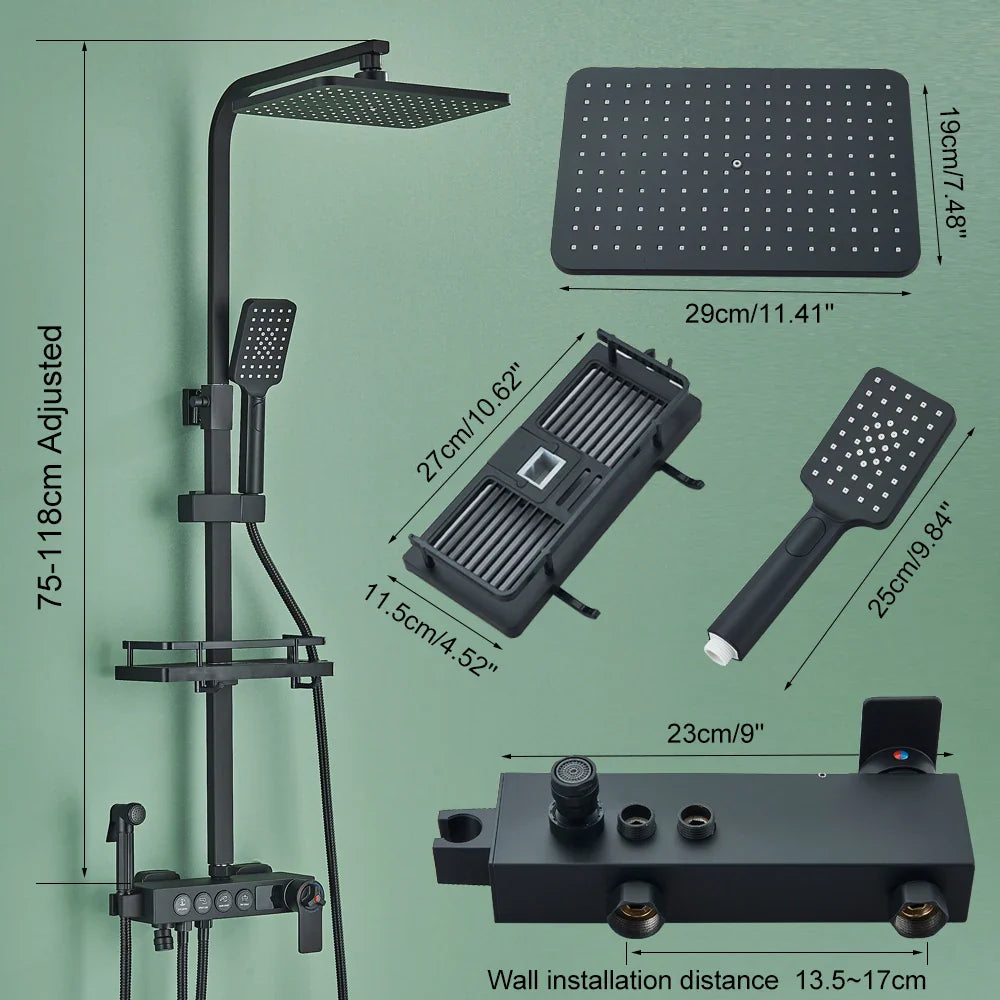 Afralia™ Thermostatic LCD Shower Faucet Set with 4 Way Rainfall System and Bidet Shelf