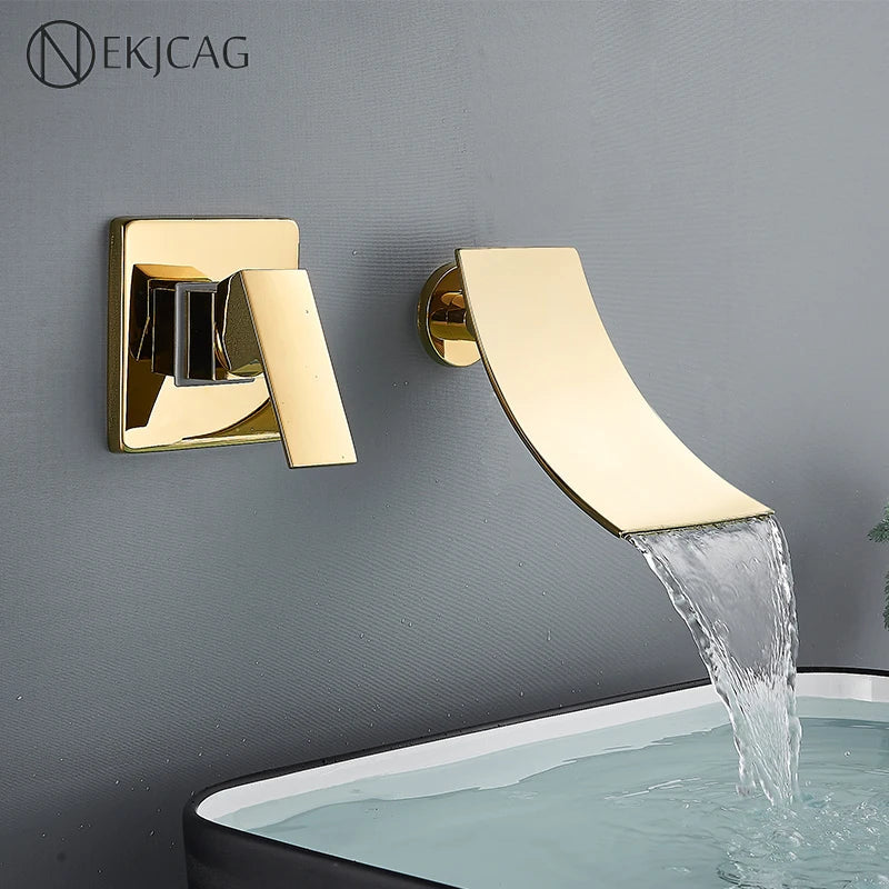 Afralia™ Gold Waterfall Wall Mount Faucet for Bathroom Basin Mixer Tap
