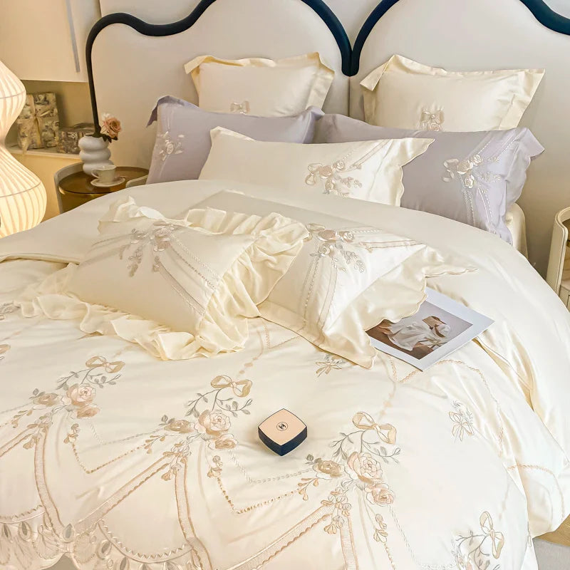 Afralia™ Rose Flower Embroidered 1000TC Egyptian Cotton Bedding Set