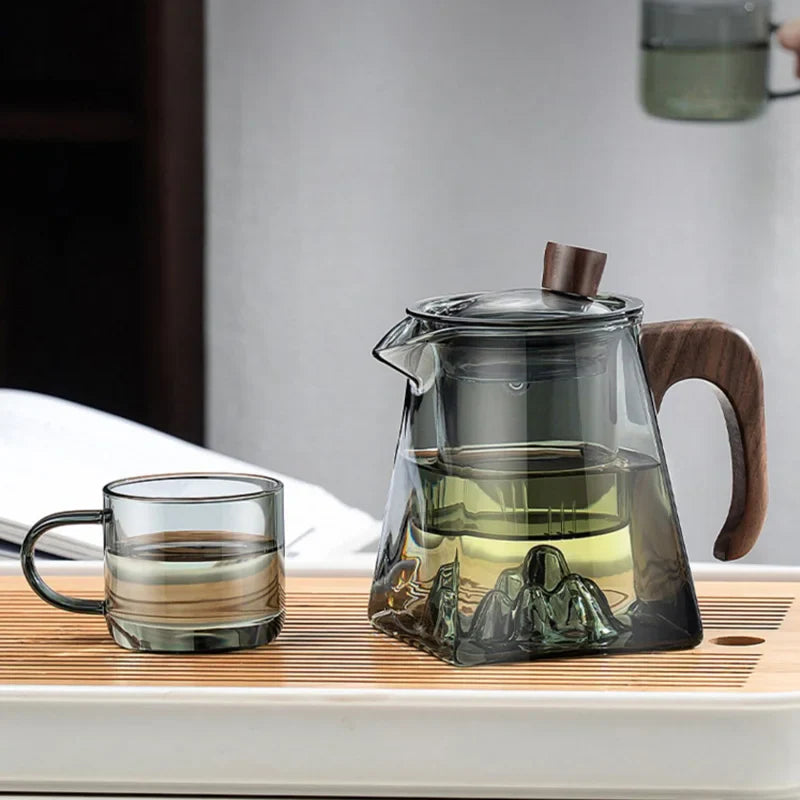 Afralia™ Glass Teapot with Wood Handle, Heat Resistant Kung Fu Tea Kettle, Transparent Teaware