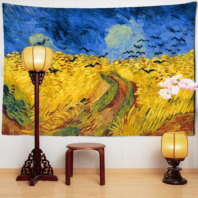 Afralia™ Golden Field Oil Painting Tapestry Wall Hanging - Retro Hippie Art Decor