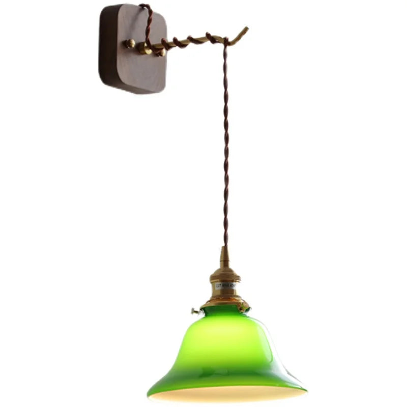 Afralia™ Walnut Canopy Green Glass LED Wall Light Fixture Hardwire Pull Chain Switch