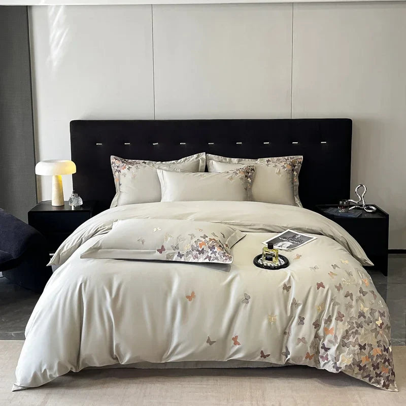 Afralia™ Butterflies Embroidery Bedding Set - King Queen Ru Size Bed Linens Sheet Pillowcase Comforter Cover Set