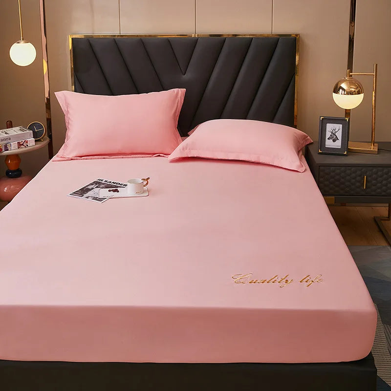 Afralia™ Silky Embroidered Fitted Sheet Set Queen Size Solid Color Luxury King Bedsheet