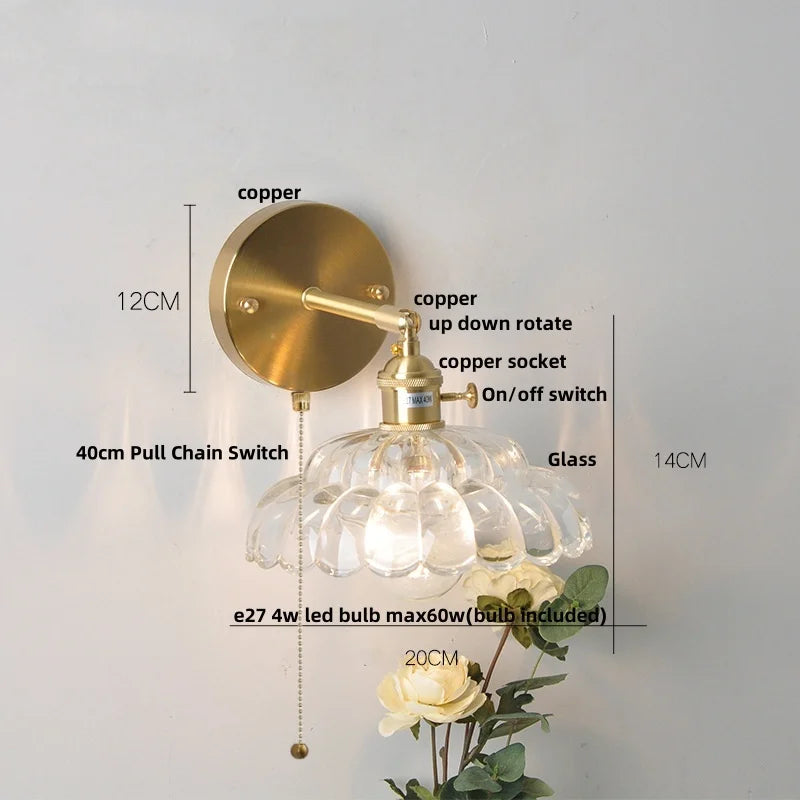 Afralia™ Clear Glass LED Wall Light with Pull Chain Switch