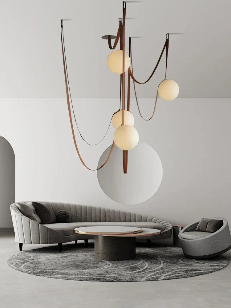 Afralia™ Leather Glass Ball Pendant Light for Living Room, Adjustable Belt DIY Fixture