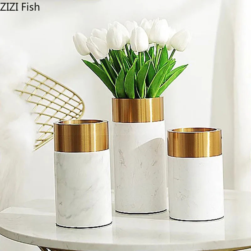 Marble Cylinder Vase by Afralia™ - Gold-plated Ceramic Desk Decor