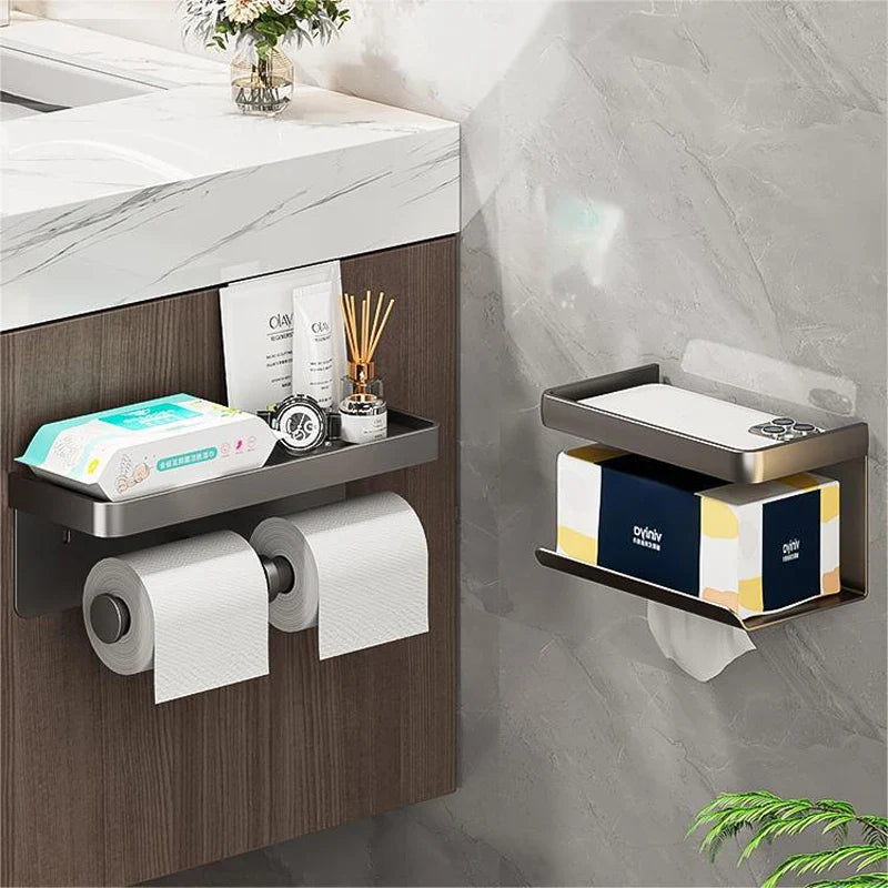 Afralia™ Wall Mount Toilet Paper Holder with Storage Tray and Phone Stand