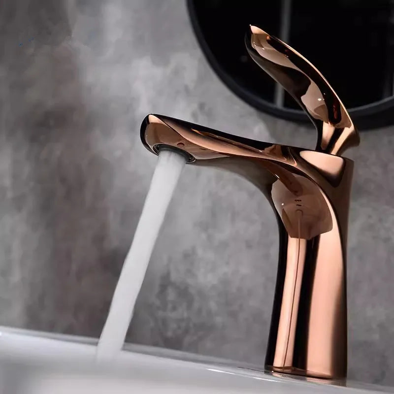 Afralia™ Rose Gold Bathroom Basin Faucet Hot & Cold Mixer Tap Deck Mounted Lavatory