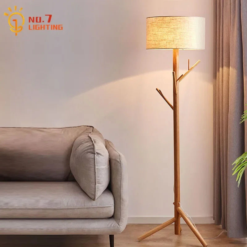 Afralia™ Wabi-sabi Solid Wood Floor Lamp Coat Rack LED E27 Vertical Table Lamp