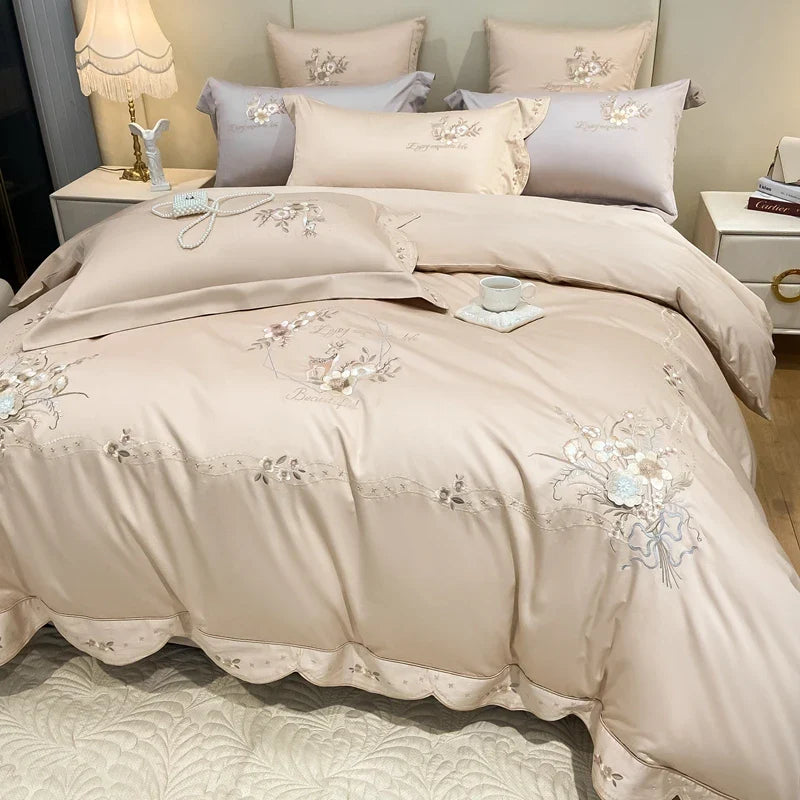 Afralia™ Flowers Embroidery Bedding Set: Duvet Cover, Bed Sheet, Pillowcases, Grey Champagne Luxury
