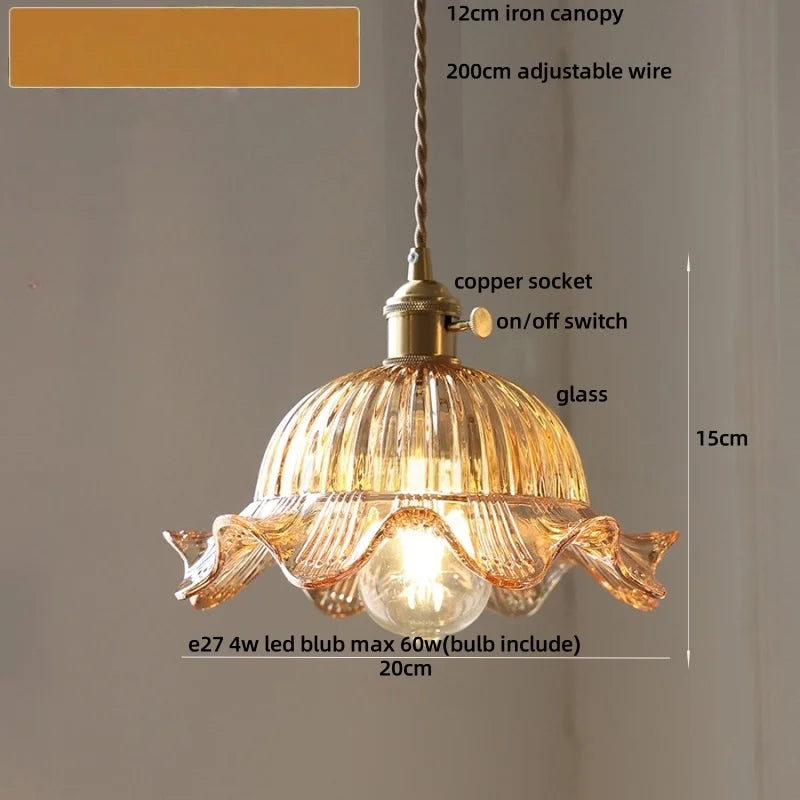 Afralia™ Vintage Green Glass Flower Knob Switch LED Pendant Lights, Copper Hanging Lamp