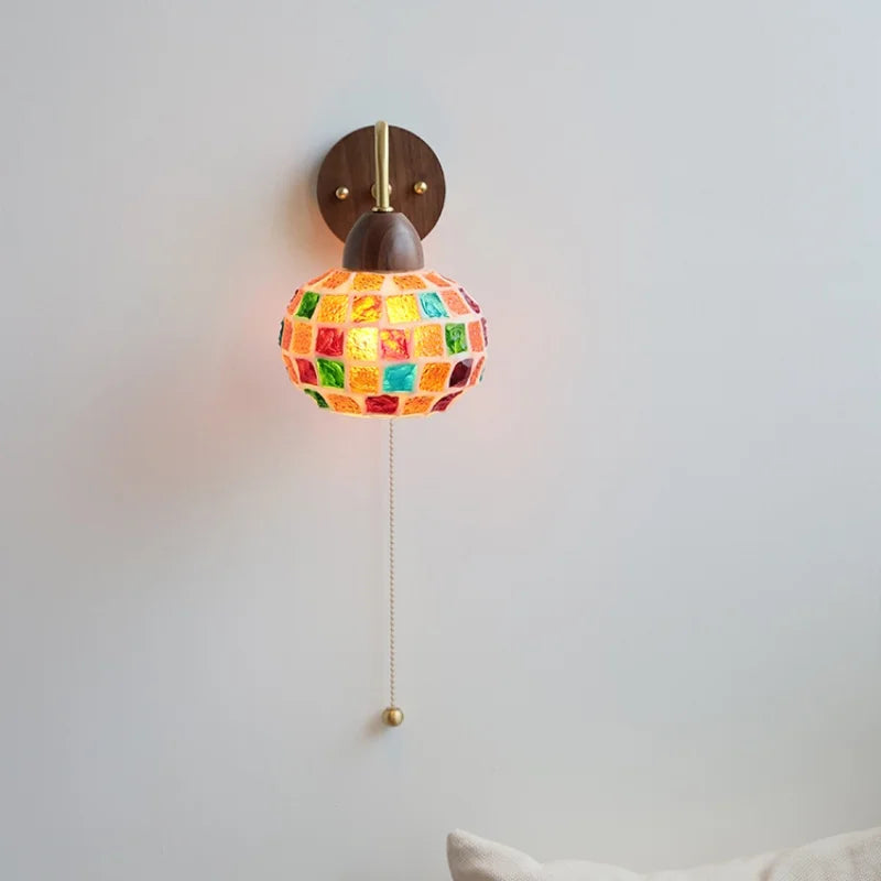 Afralia™ Tiffany Style LED Wall Sconce Walnut Wood Glass Stair Light.