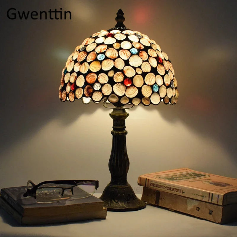 Afralia™ Stained Glass Shell Tiffany Table Lamp for Home Bedroom Lighting Fixtures