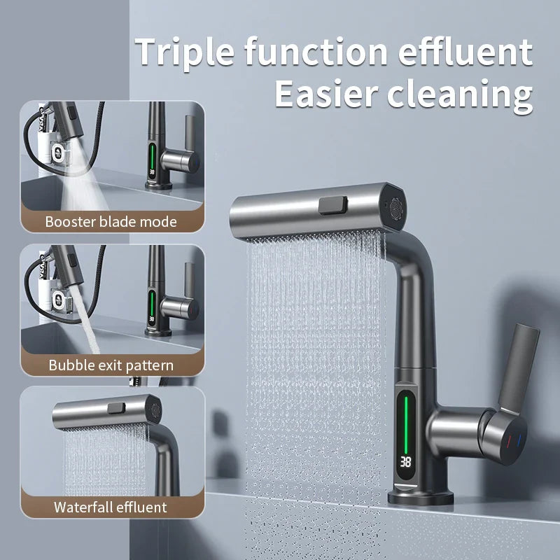 Afralia™ Digital Display Basin Faucet with Stream Sprayer, Hot Cold Water Mixer