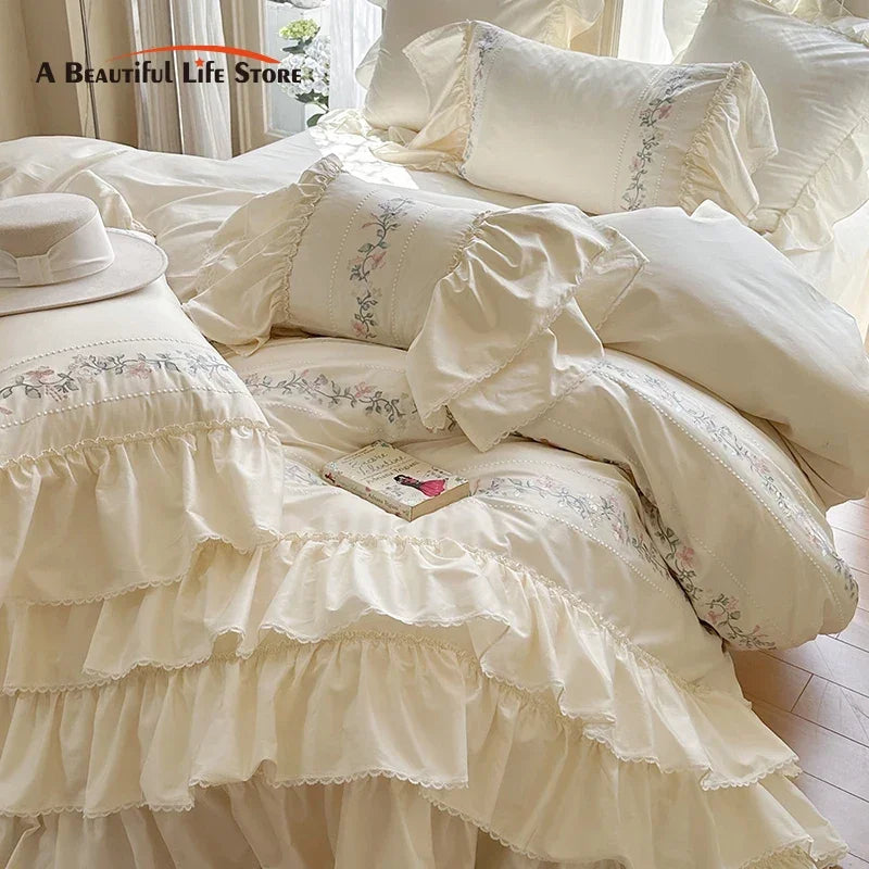 Afralia™ Luxe Three-Layer Ruffles Flowers Embroidery Cotton Girl Bedding Set 4Pcs