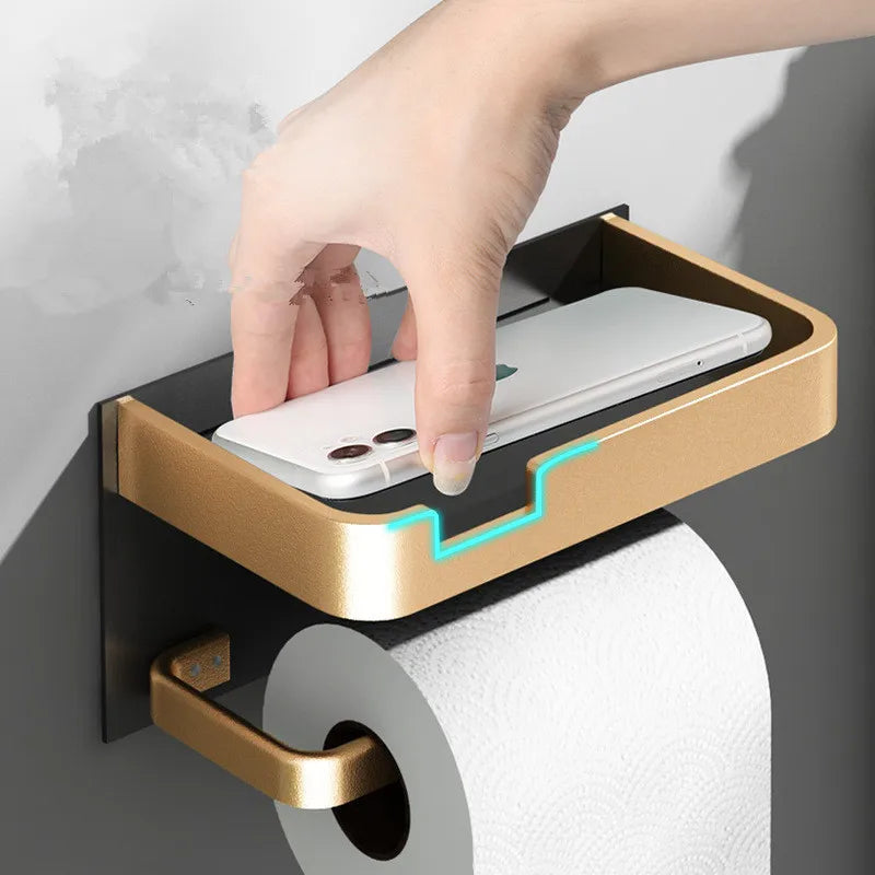 Afralia™ Toilet Paper Holder with Phone Holder Black/Gold Wall Mount Bathroom Rack