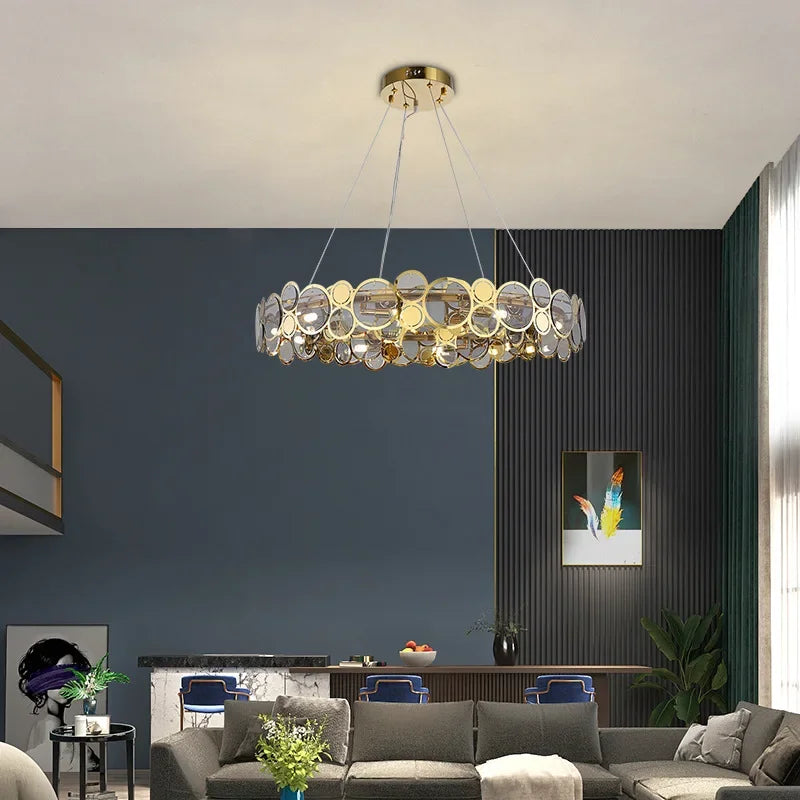 Afralia™ Stainless Steel Glass Ceiling Chandeliers LED Round Pendant Lamps for Dining Living Room