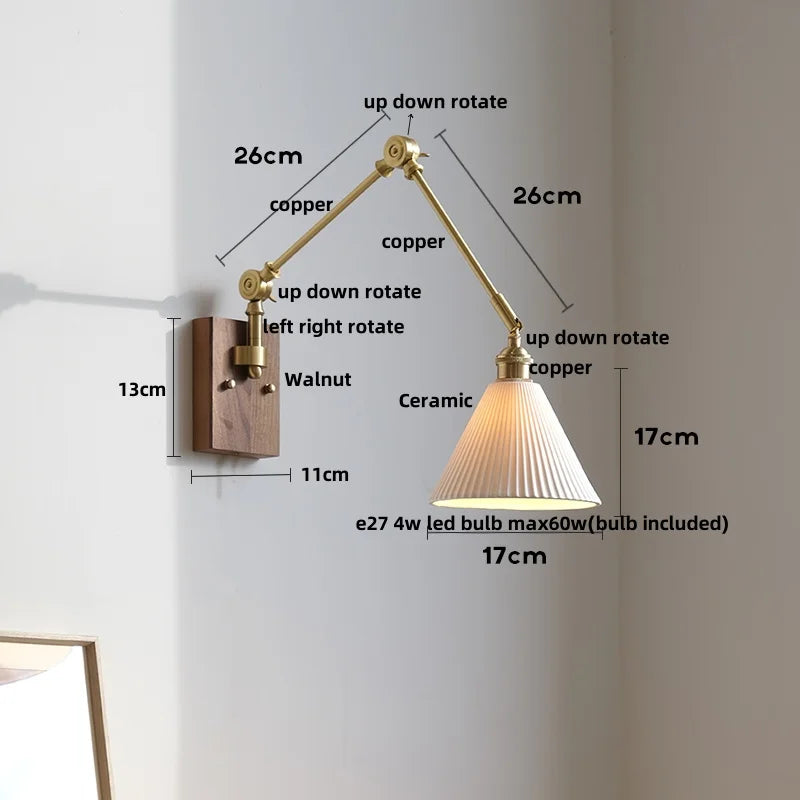 Afralia™ Walnut Wood LED Wall Light with Pull Chain Switch & Rotatable Amber Glass