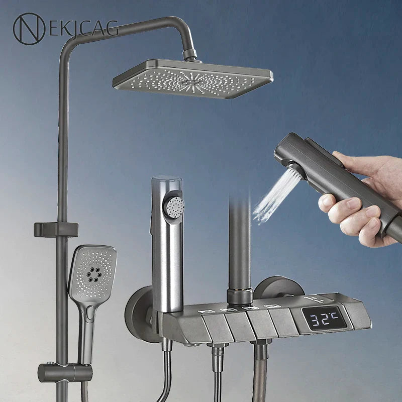 Afralia™ Smart Brass Bathroom Shower Faucet Set with Waterfall Tap and Rainfall System