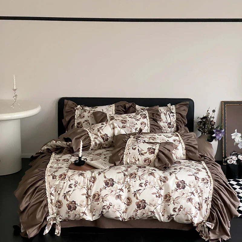 Afralia™ Brown Vintage Flowers Bedding Set - 4 Piece Collection