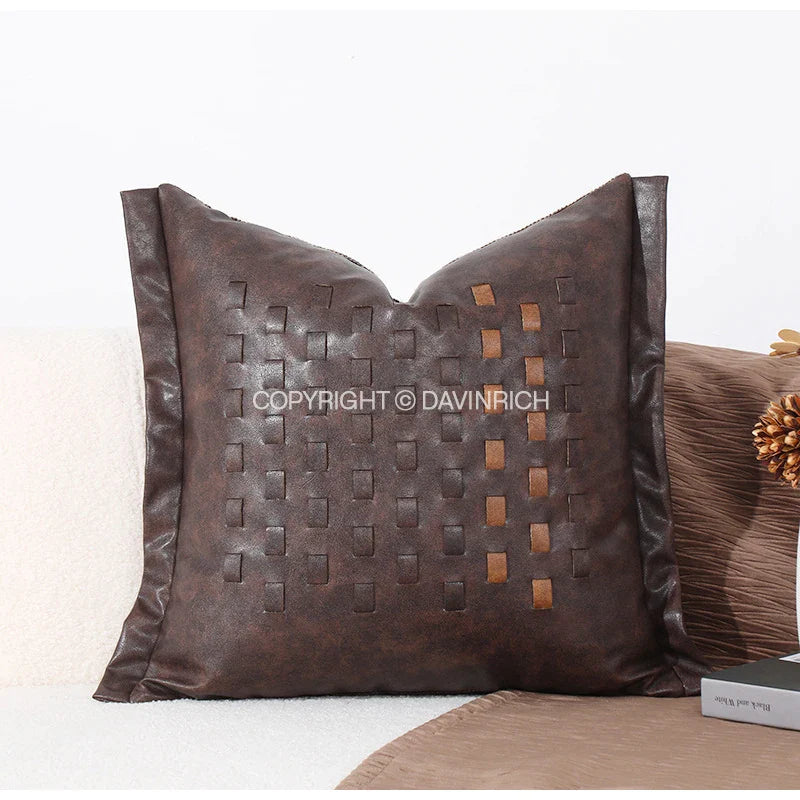 Afralia™ Brighton Cross Stitch Faux Leather Cushion Cover 45x45cm Brown