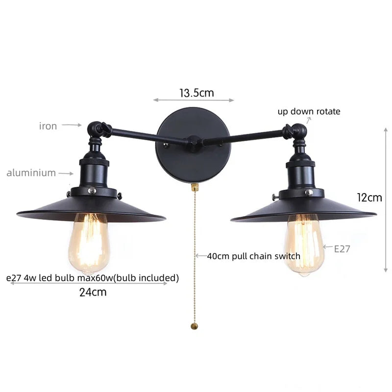 Afralia™ Adjustable Rustic LED Wall Lamp Antique Industrial Style Iron Vintage Lightings