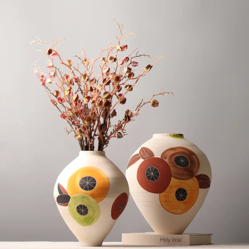 Afralia™ Hand-painted Coffee Beans Ceramic Vase - Colorful Flower Arrangement Bottle