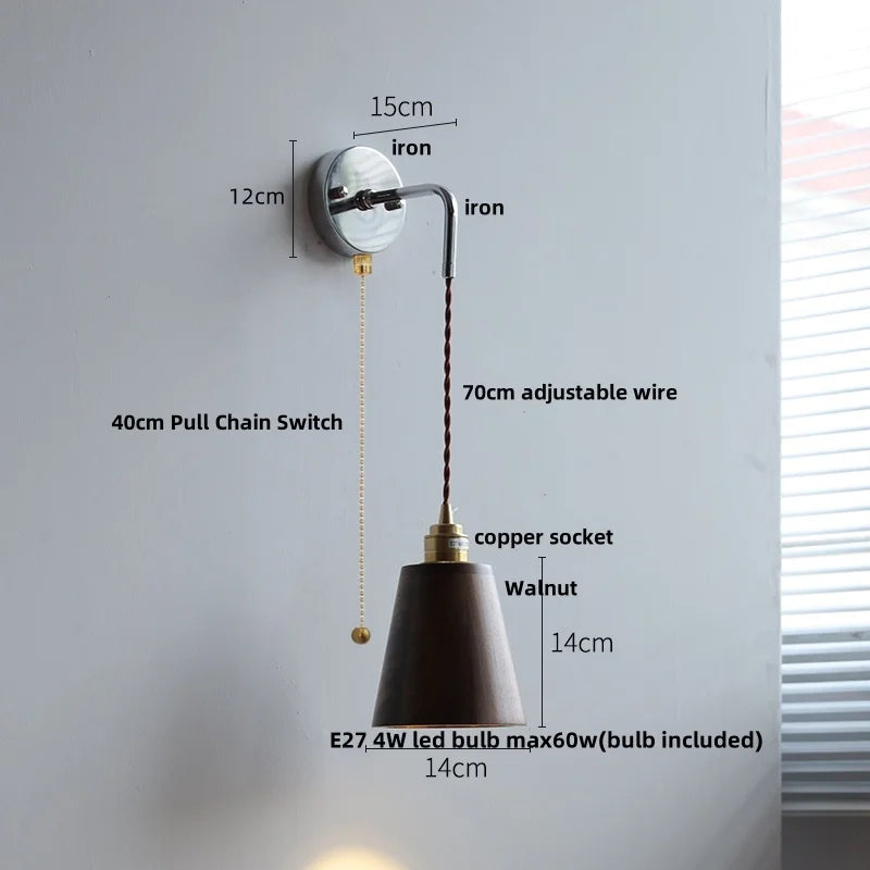 Afralia™ Ash Wood LED Wall Light with Pull Chain Switch, Japanese Style Bedside Lamp
