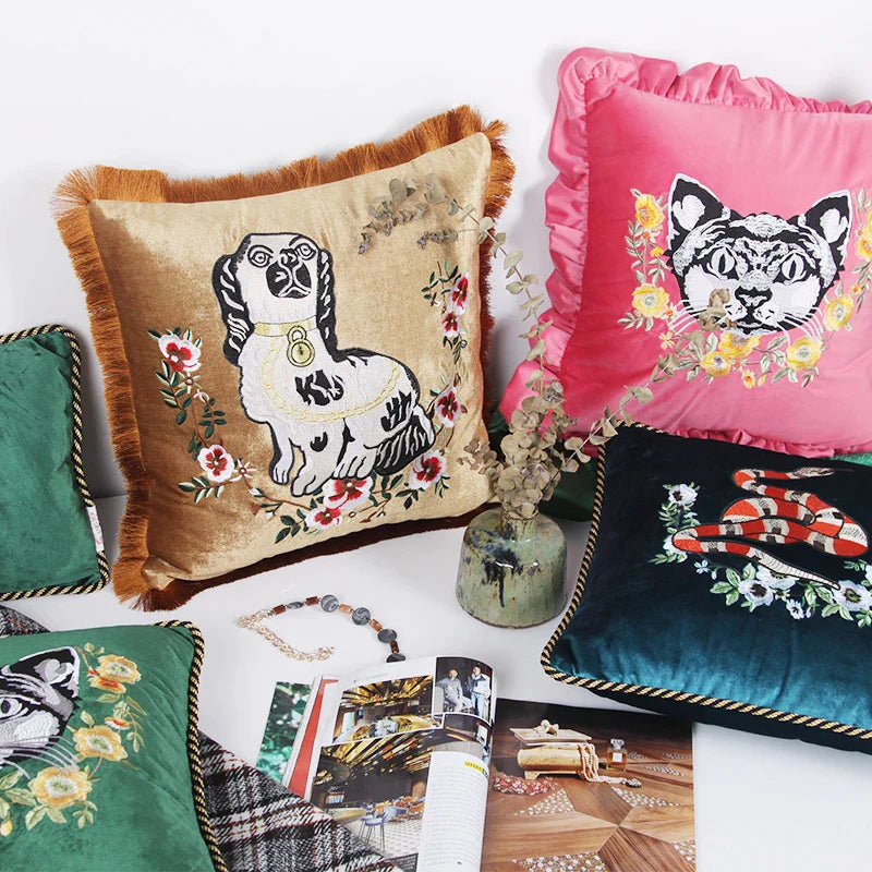 Luxury Embroidered Cat Velvet Pillowcase with Tassels by Afralia™