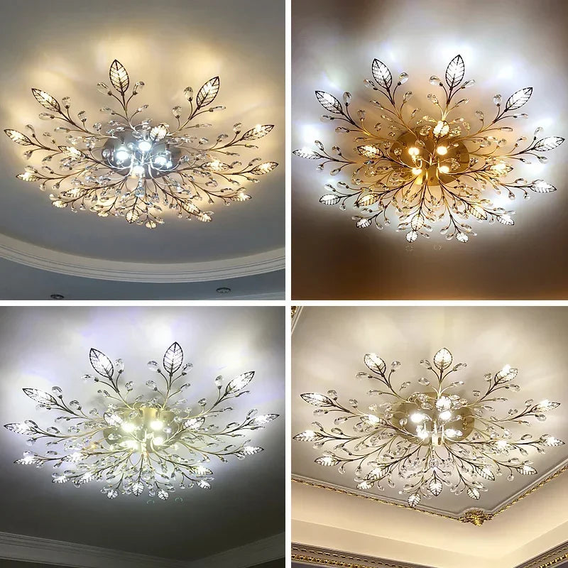 Afralia™ Modern Black Gold Leaves Crystal LED Ceiling Lamp for Living Room Bedroom