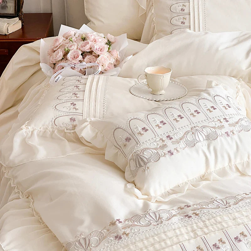 Afralia™ Flowers Embroidery Princess Wedding Lace Bedding Set 1200TC Cotton Duvet Cover Flat Sheet Pillowcases