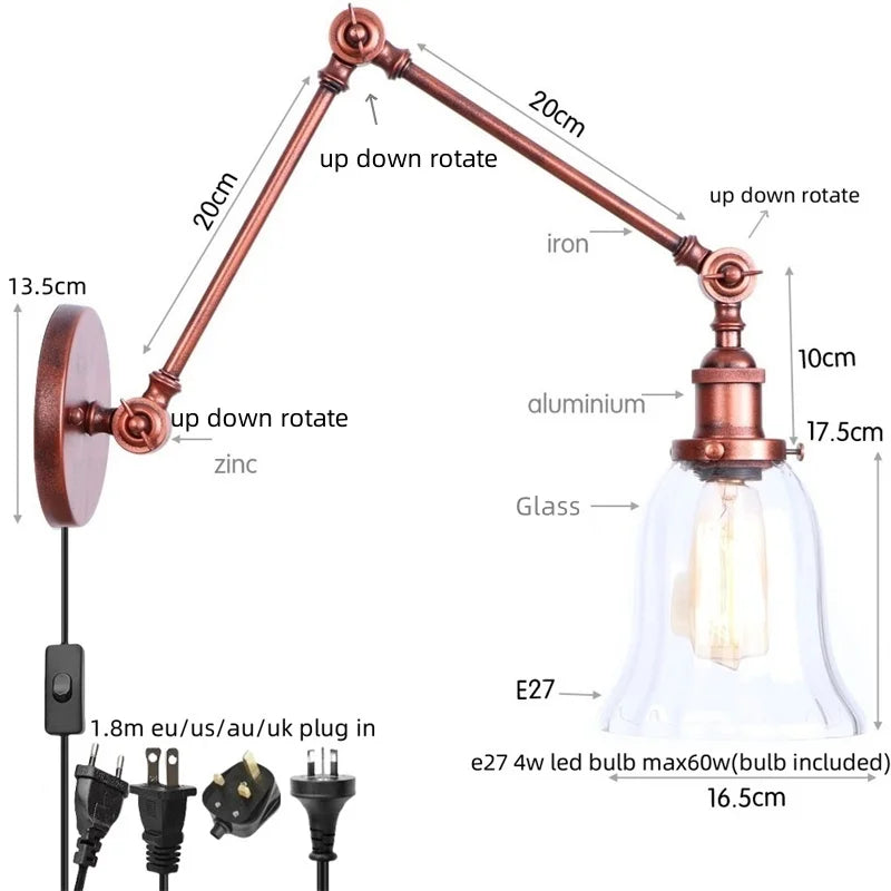 Afralia™ Vintage Loft LED Wall Light: Retro Industrial Glass Lamp for Living Room