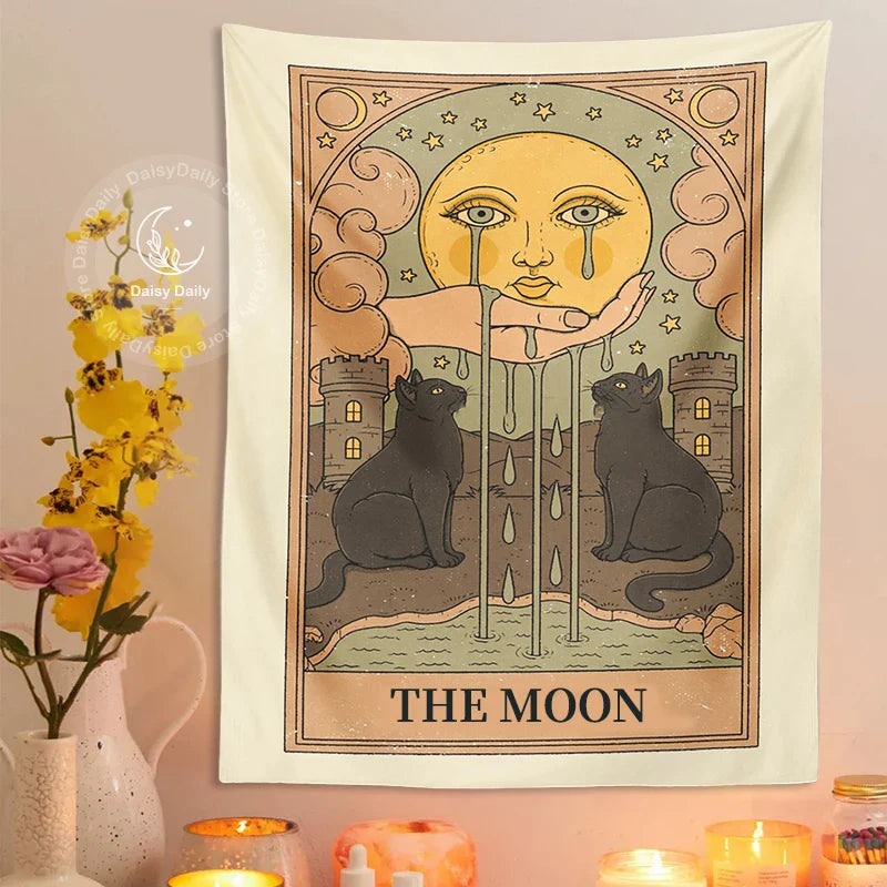 Moon Cat Tarot Wall Hanging - Afralia™ Mystical Room Decor