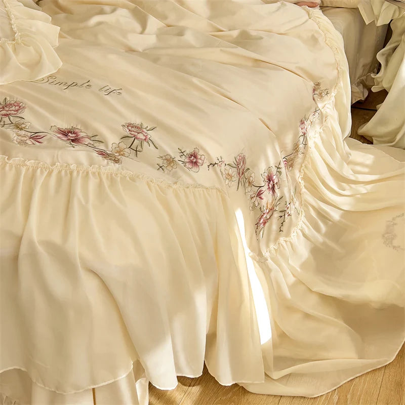 Afralia™ Beige Pink Lace Embroidery Bedding Set Egyptian Cotton Quilt Duvet Cover Sheet