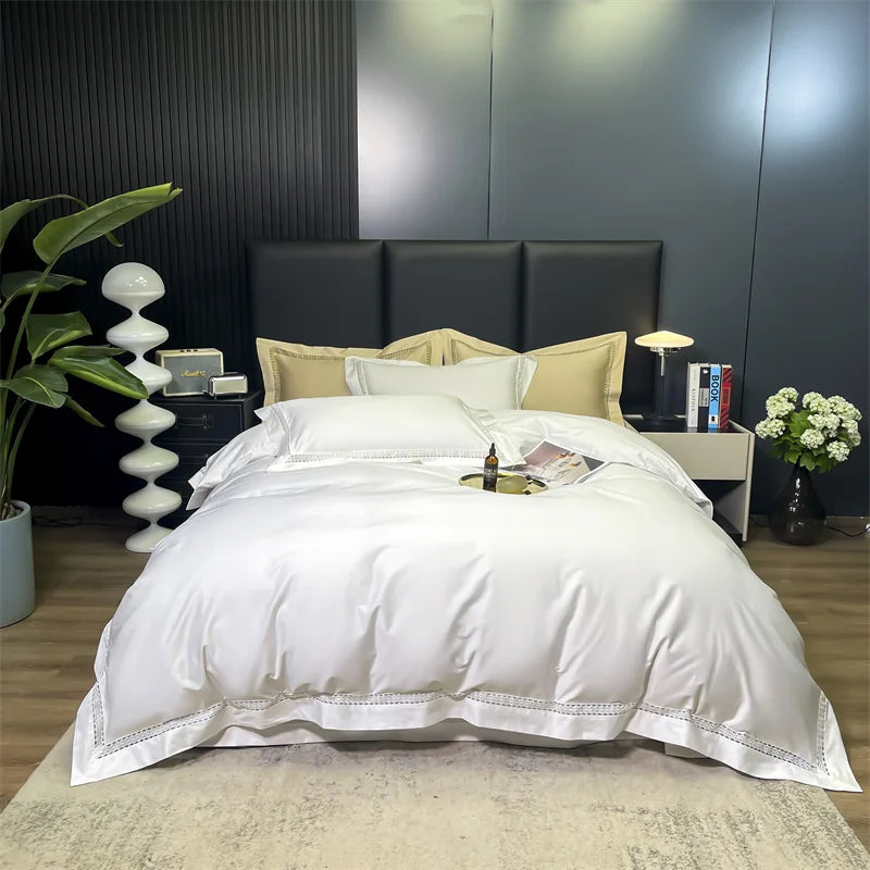 Afralia™ Soft Silky Egyptian Cotton White Bedding Set with Luxury Wide Edge