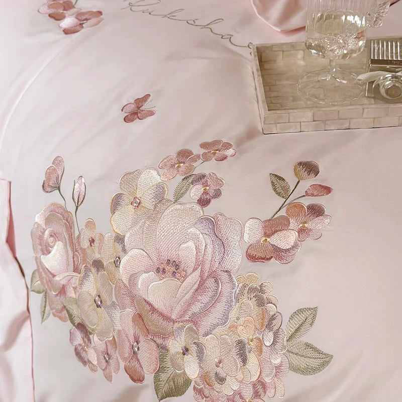 Afralia™ Pink Flowers Embroidery Cotton Bedding Set - Duvet Cover, Bed Sheet, Pillowcases