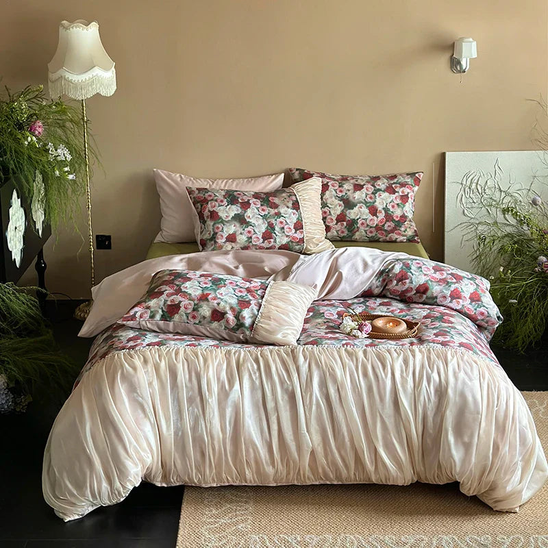 Afralia™ French Rustic Rose Flowers Duvet Set with Pleated Ruffles & Egyptian Cotton