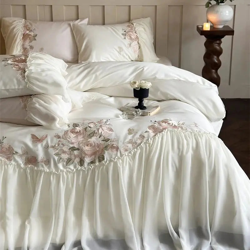 Afralia™ Luxe Lace Ruffles Wedding Bedding Set Flowers Embroidery Duvet Sheet Pillowcase
