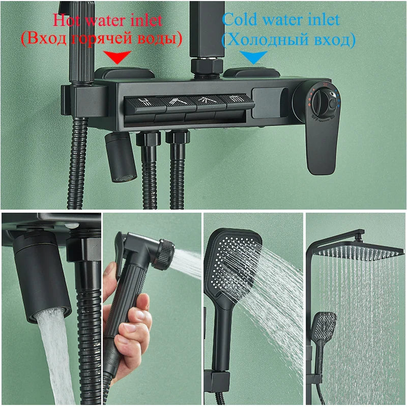 Afralia™ Digital Display Thermostatic Shower Faucet Set with Rainfall Shower Column in Chrome