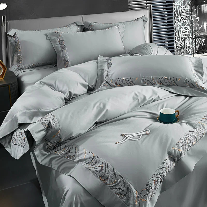 Afralia™ Zebra Print Embroidery Bedding Set 800TC Egyptian Cotton Grey Orange, Duvet Cover Flat Sheet Pillowcases