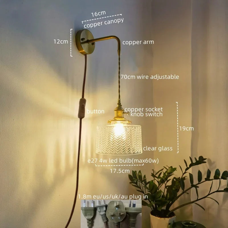 Afralia™ Copper Glass LED Wall Lamps Retro Style for Bedroom Bar Bathroom Mirror