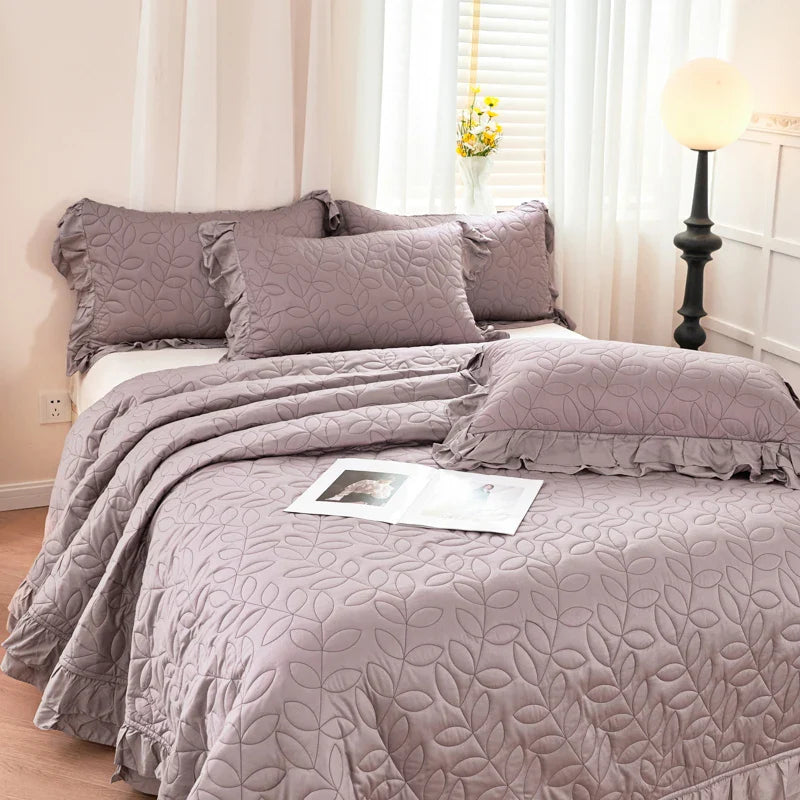 Afralia™ Leaf Embroidery Double Layer Lace Ruffles Quilt Set with Bedspread & Pillowcases