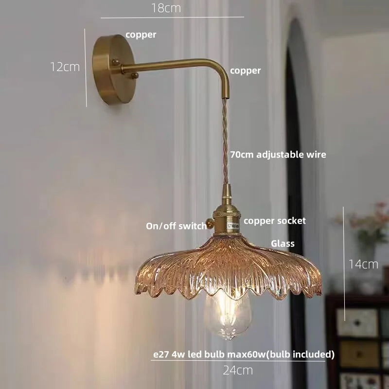 Afralia™ Amber Vintage LED Wall Light Glass Copper Pull Chain Switch Hallway Lamp