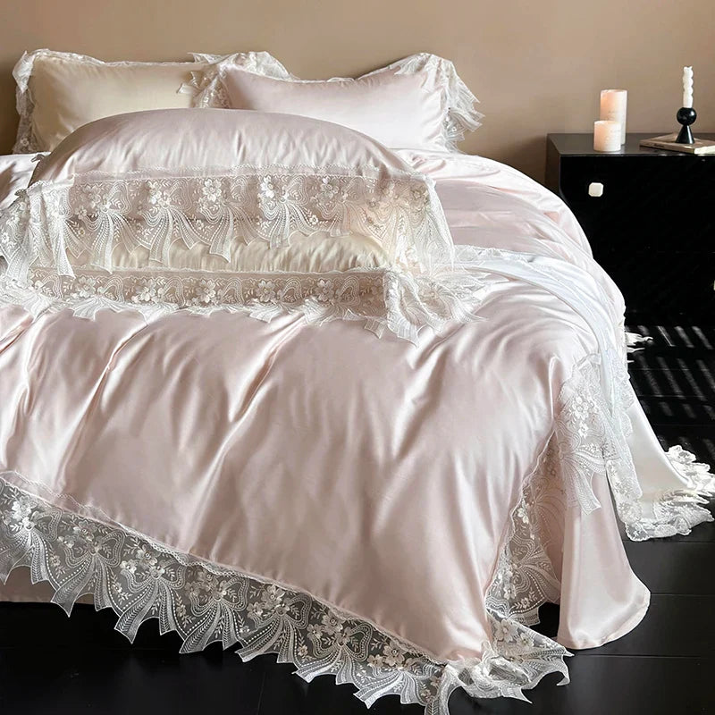Afralia™ Romantic Lace Ruffles Bedding Set in Lyocell Cotton, Silky Duvet Cover, Bed Sheet, Pillowcases