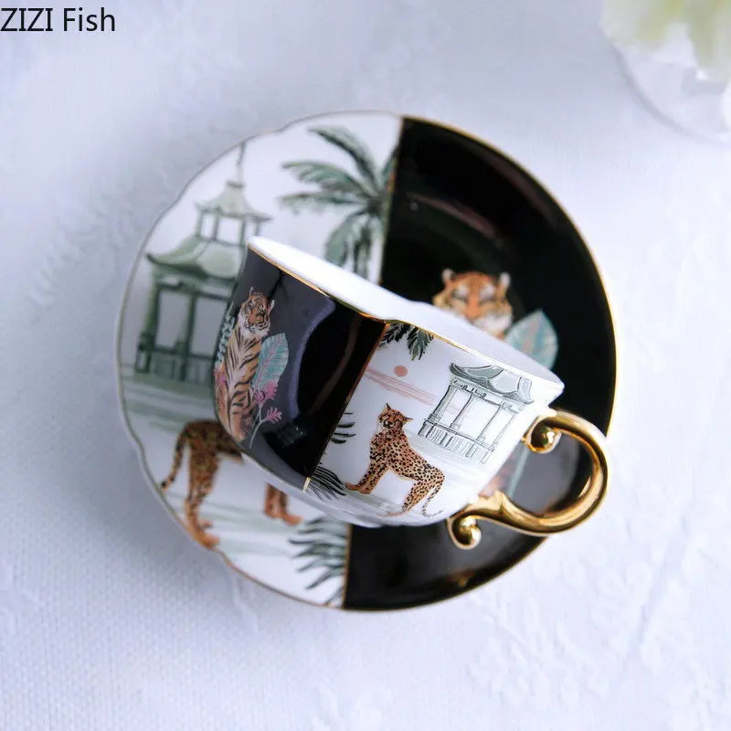 Afralia™ Watercolor Tiger Leopard Ceramic Gold-plated Coffee Tea Cup Embellished Mug