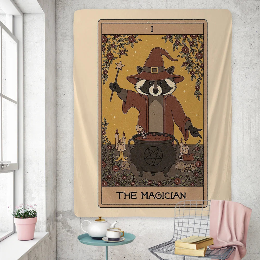 Afralia™ Cute Raccoon Tarot Card Tapestries: Boho Mystery Art for Hippie Home Decor